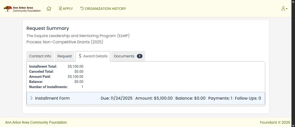 Ann Arbor Area Community Foundation 2025 non-competitive grant showing 5100 dollars paid