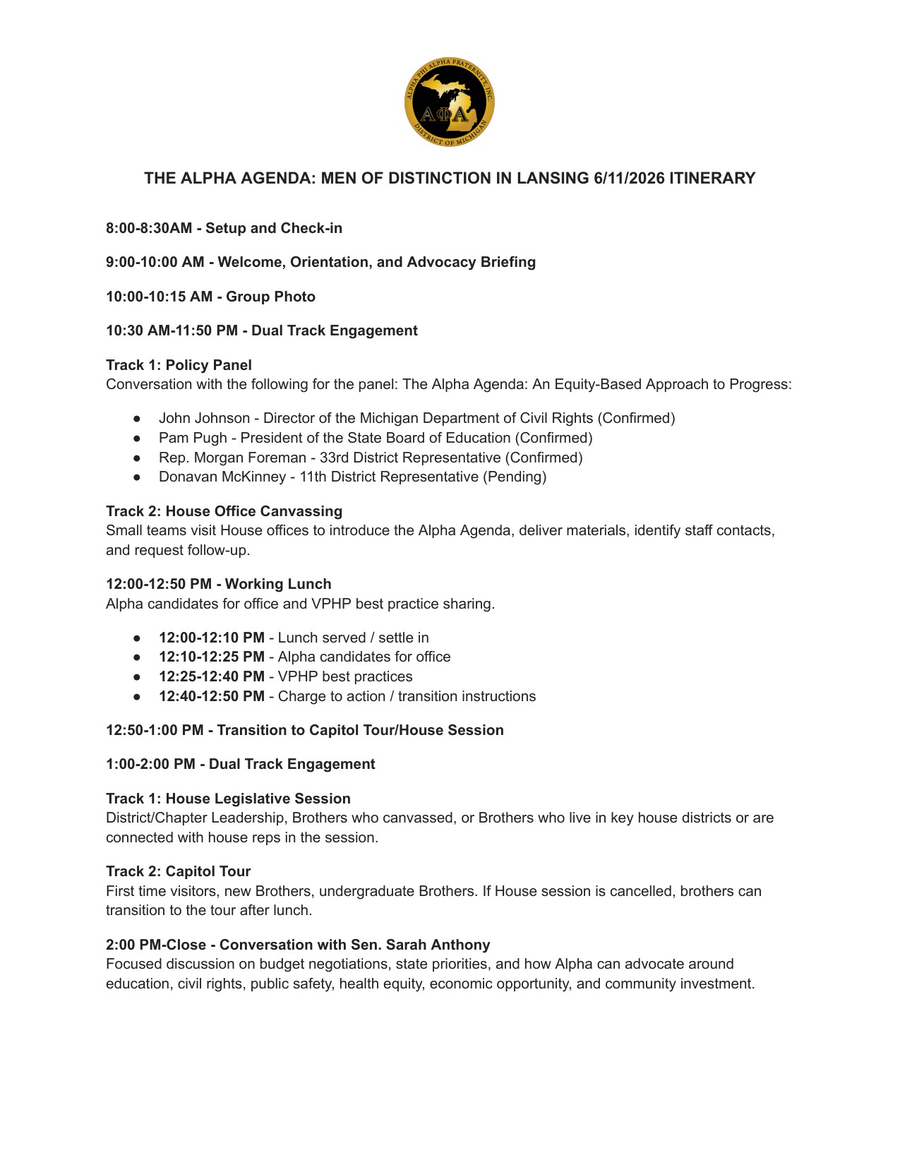 Alpha Agenda Men of Distinction in Lansing itinerary dated June 11, 2026