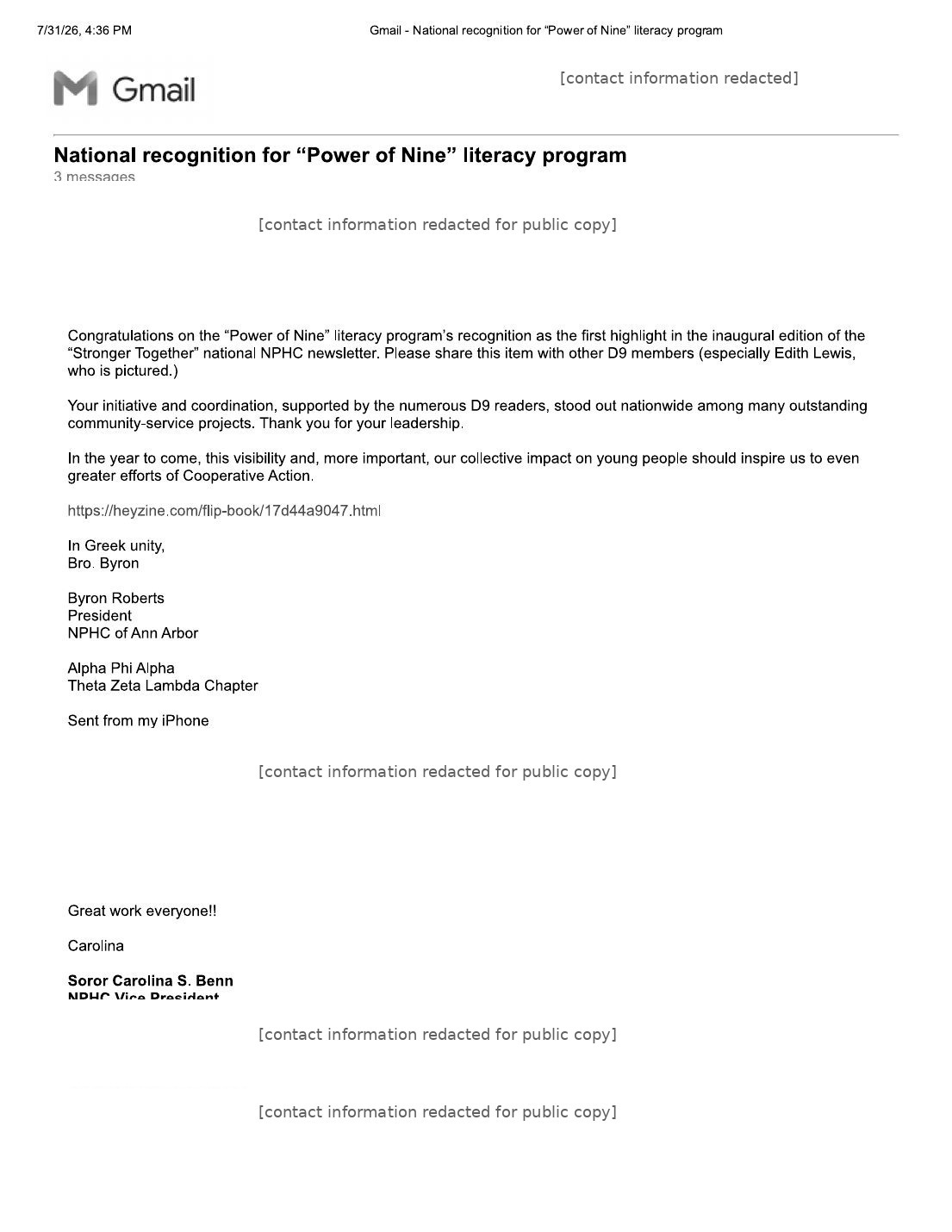 National NPHC recognition for the Power of Nine Divine Nine literacy initiative