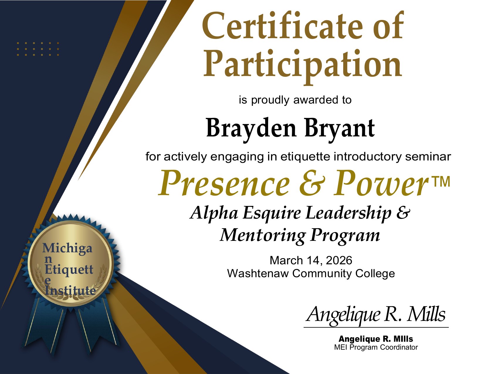Participant certificate dated March 14, 2026