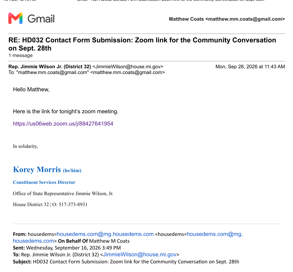 Email from Rep. Wilson's office providing Matthew Coats the Zoom link