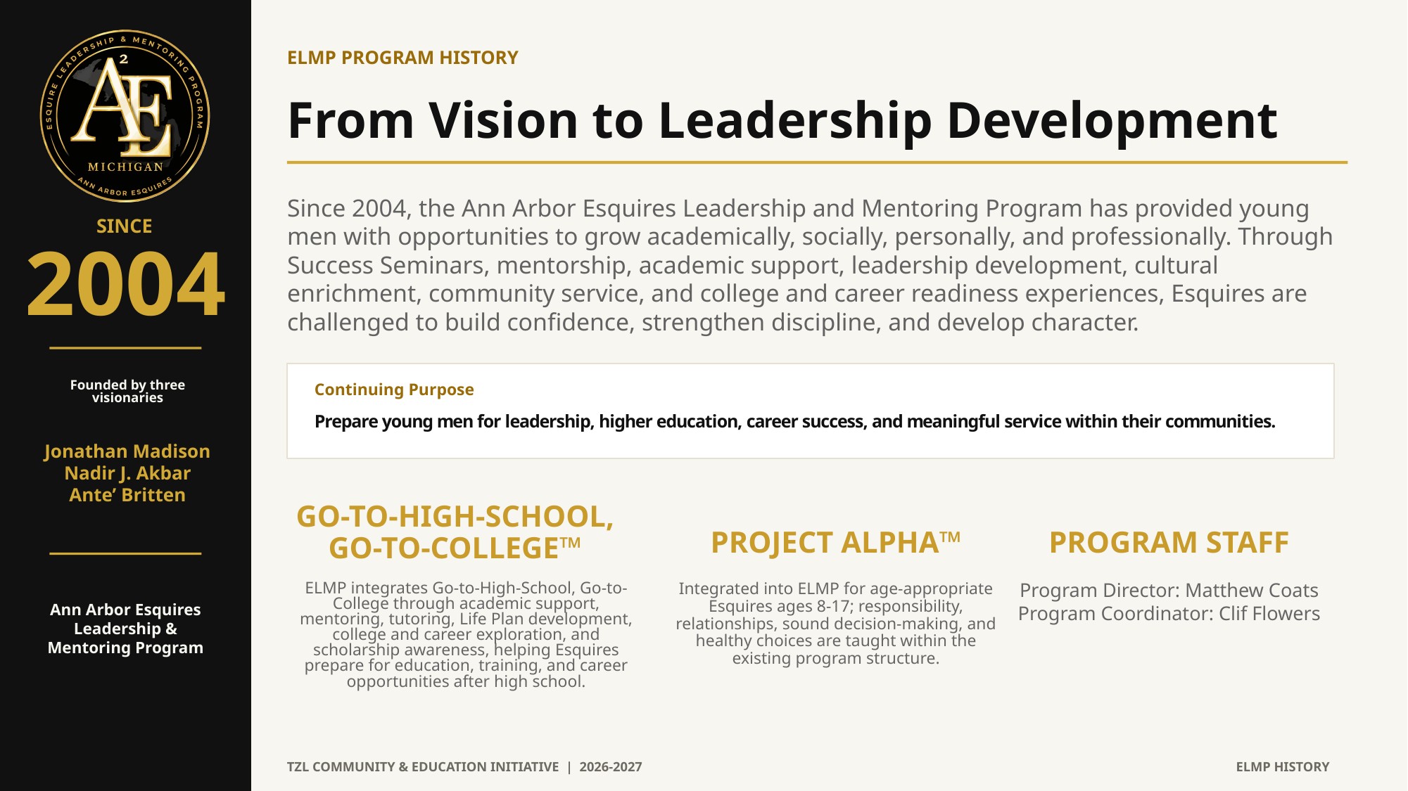 2026–2027 Strategic Planning slide identifying Matthew Coats as ELMP Program Director